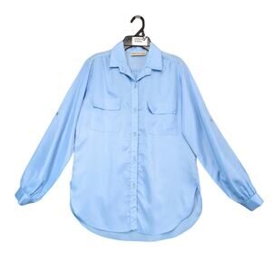 Vintage 90s Carl Lawrence Blue Button Front Blouse Women's M Roll Tab Long Slv